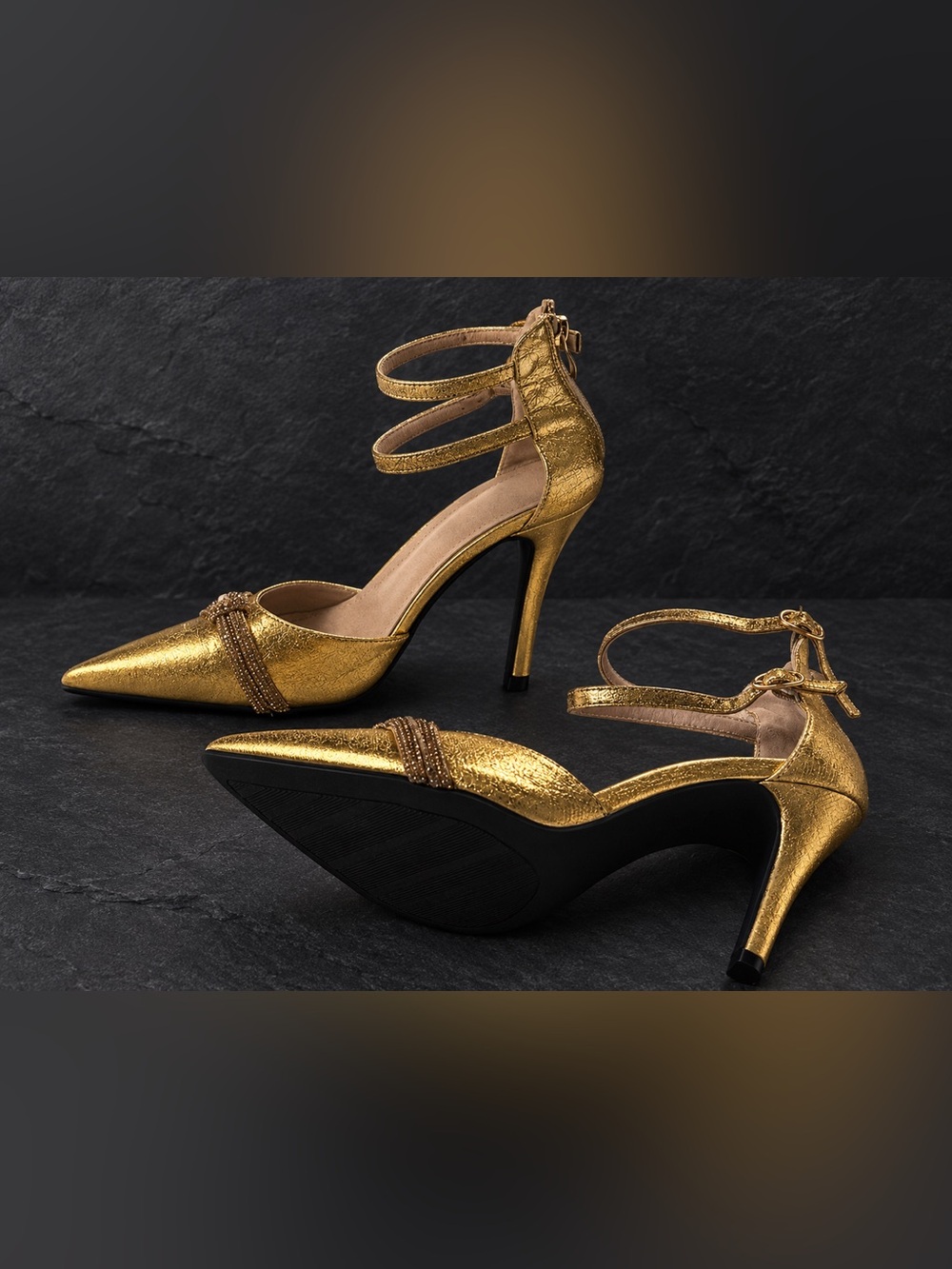 Gold Metallic Pointed-Toe Ankle-Strap Heels